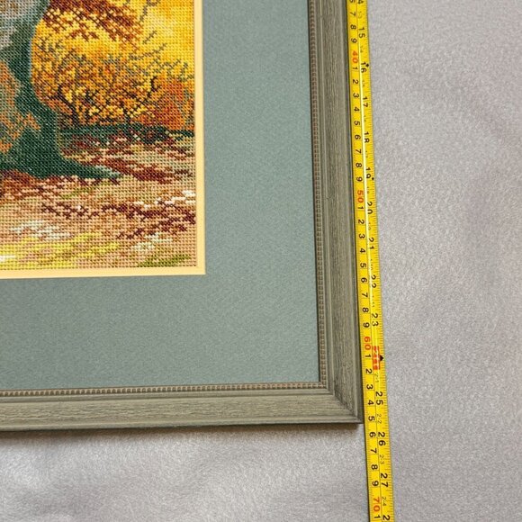 1997 Vintage Embroidered Picture Forest Lake Art With Wooden Frame 30" L x 25" H - Picture 13 of 16
